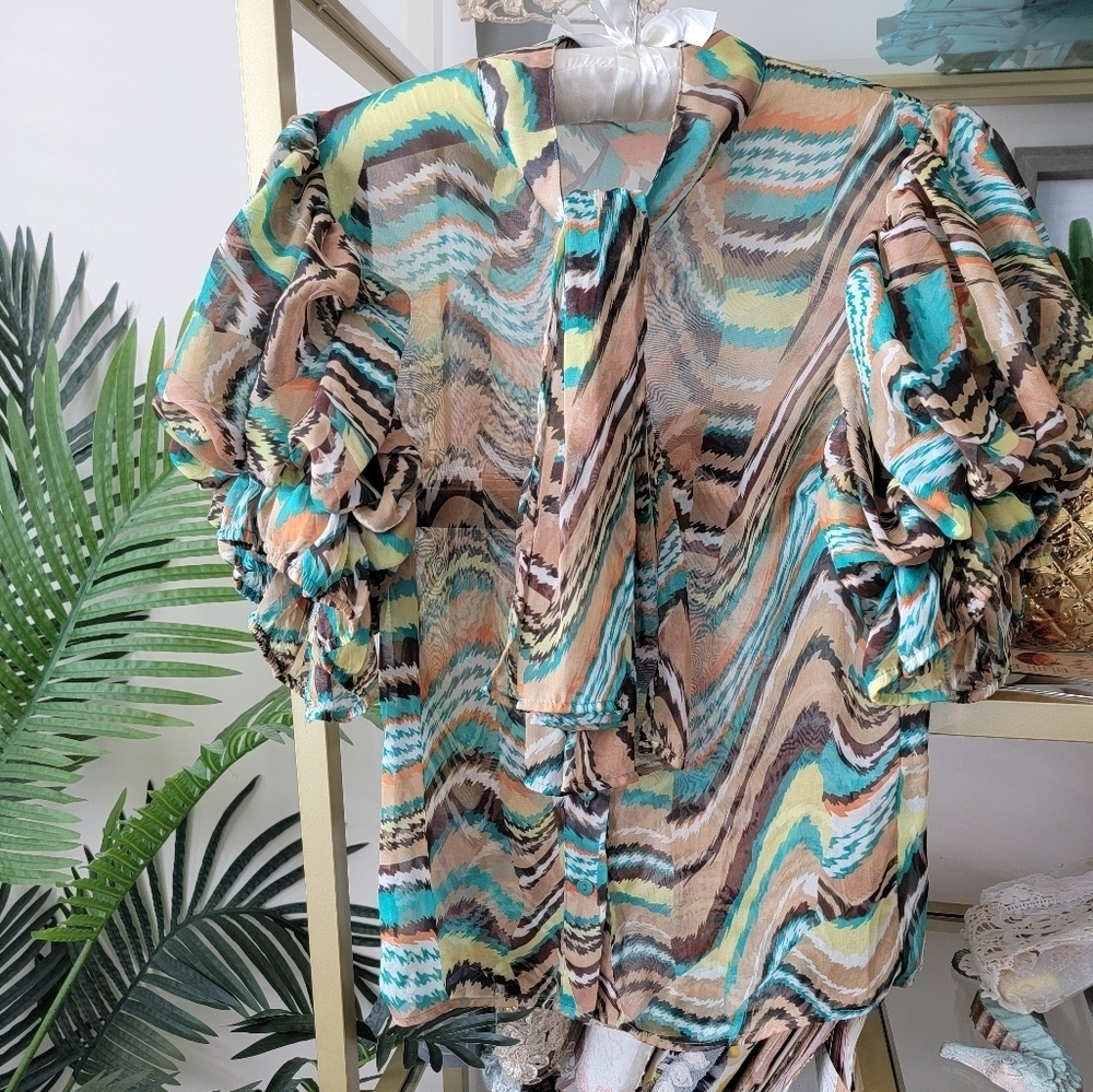 Boutique Sheer Puff Sleeve Bow Fall Top - Women's Size Medium